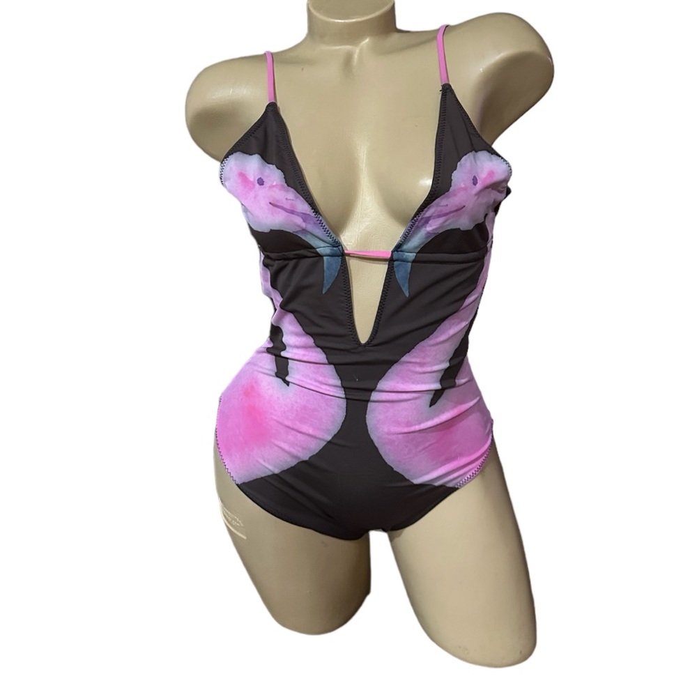 Chaser Black One-Piece Swim with Pink Flamingo Print